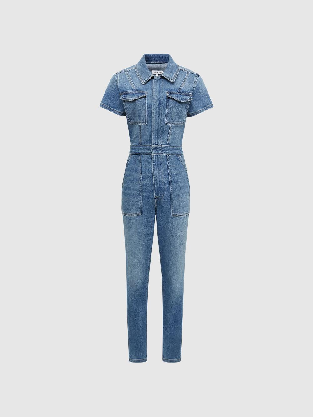 Reiss Good American Denim Skinny Jumpsuit In Mid Blue