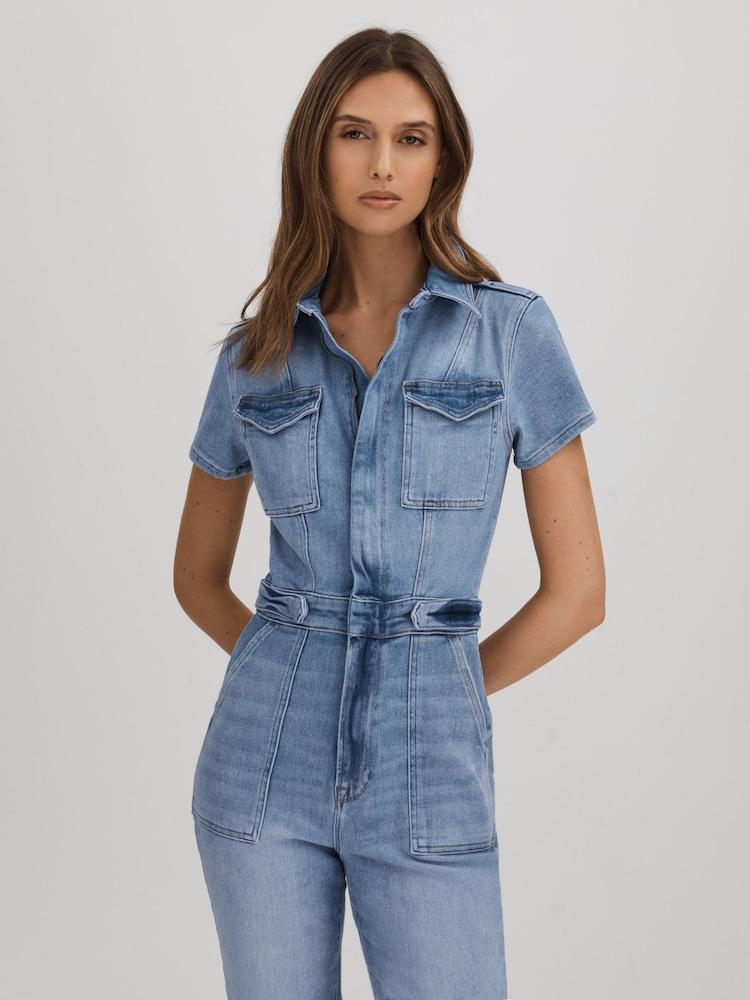 reiss Good American Denim Skinny Jumpsuit in Mid Blue