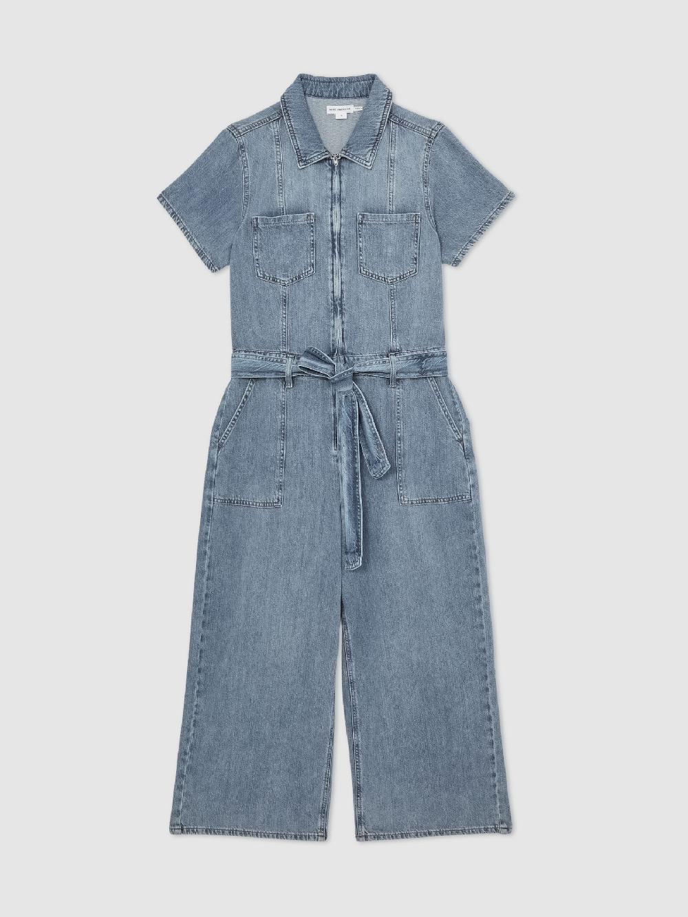 Reiss Good American Denim Wide-Leg Jumpsuit With Linen In Indigo Blue