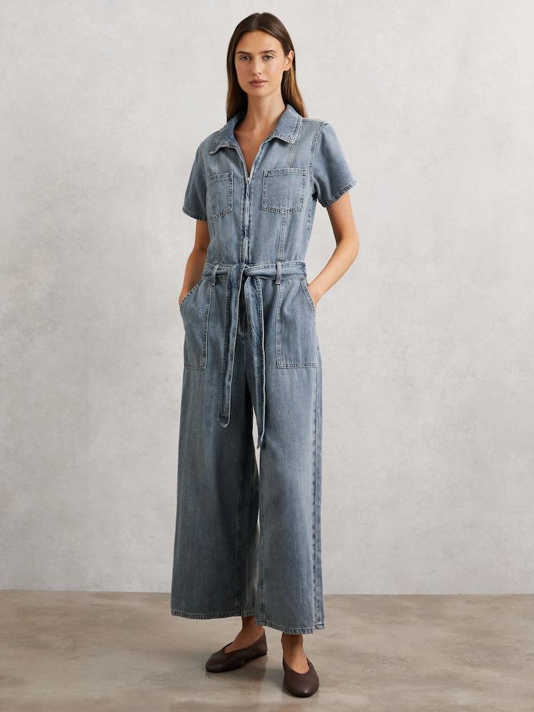 reiss Good American Denim Wide-Leg Jumpsuit with Linen in Indigo Blue