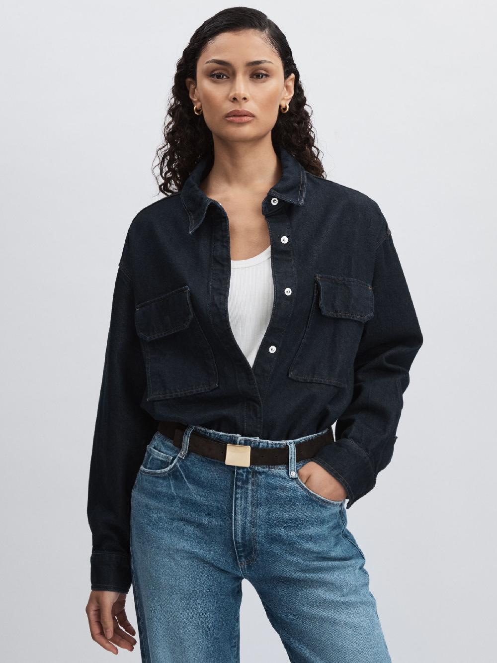 Reiss Good American Oversized Denim Shirt In Dark Indigo