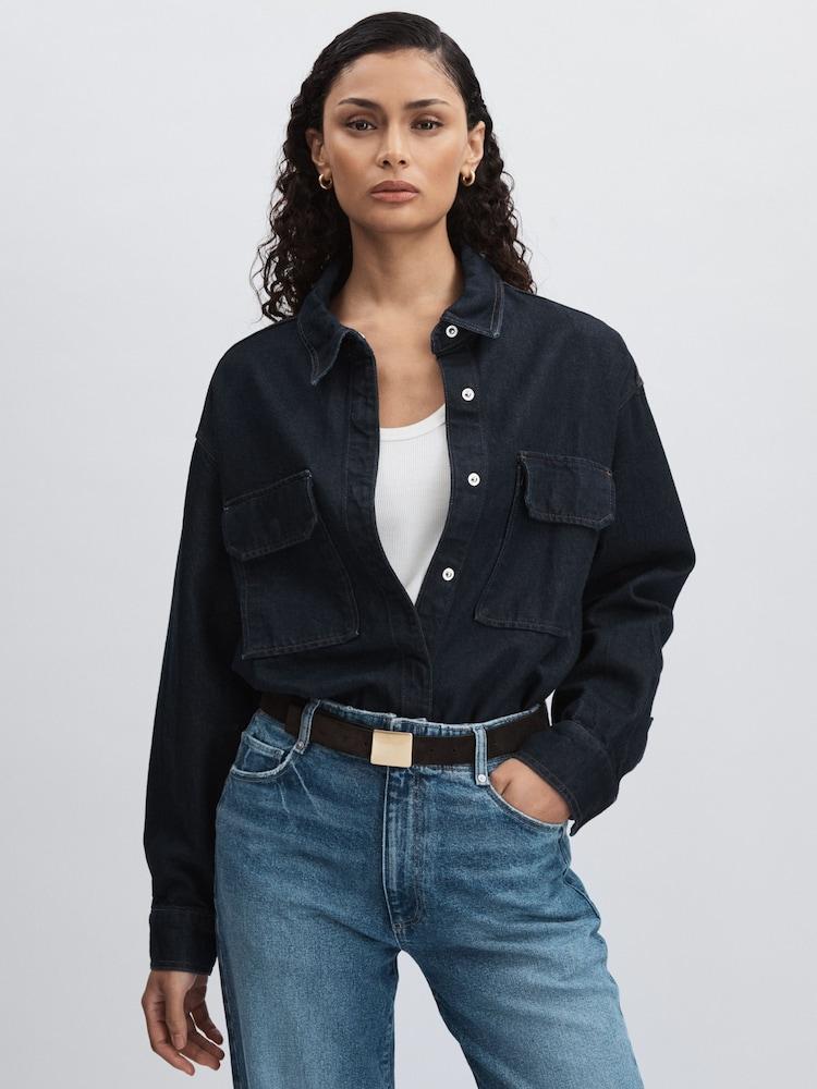 reiss Good American Oversized Denim Shirt in Dark Indigo