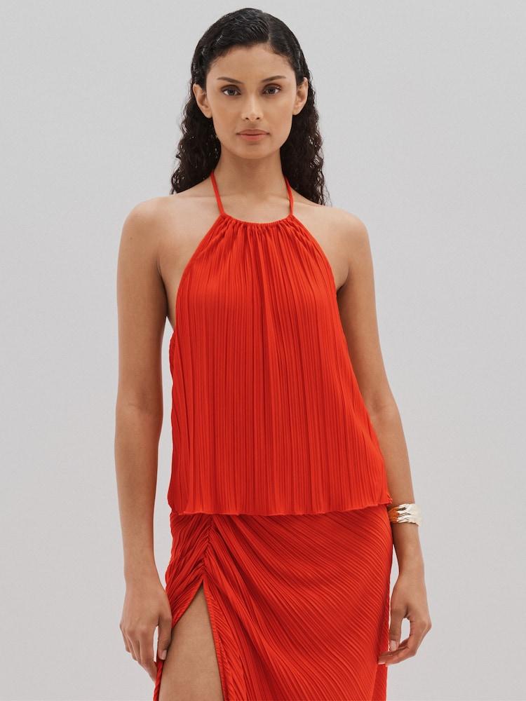 reiss Good American Plisse Halter-Neck Beach Cover-Up Top in Red