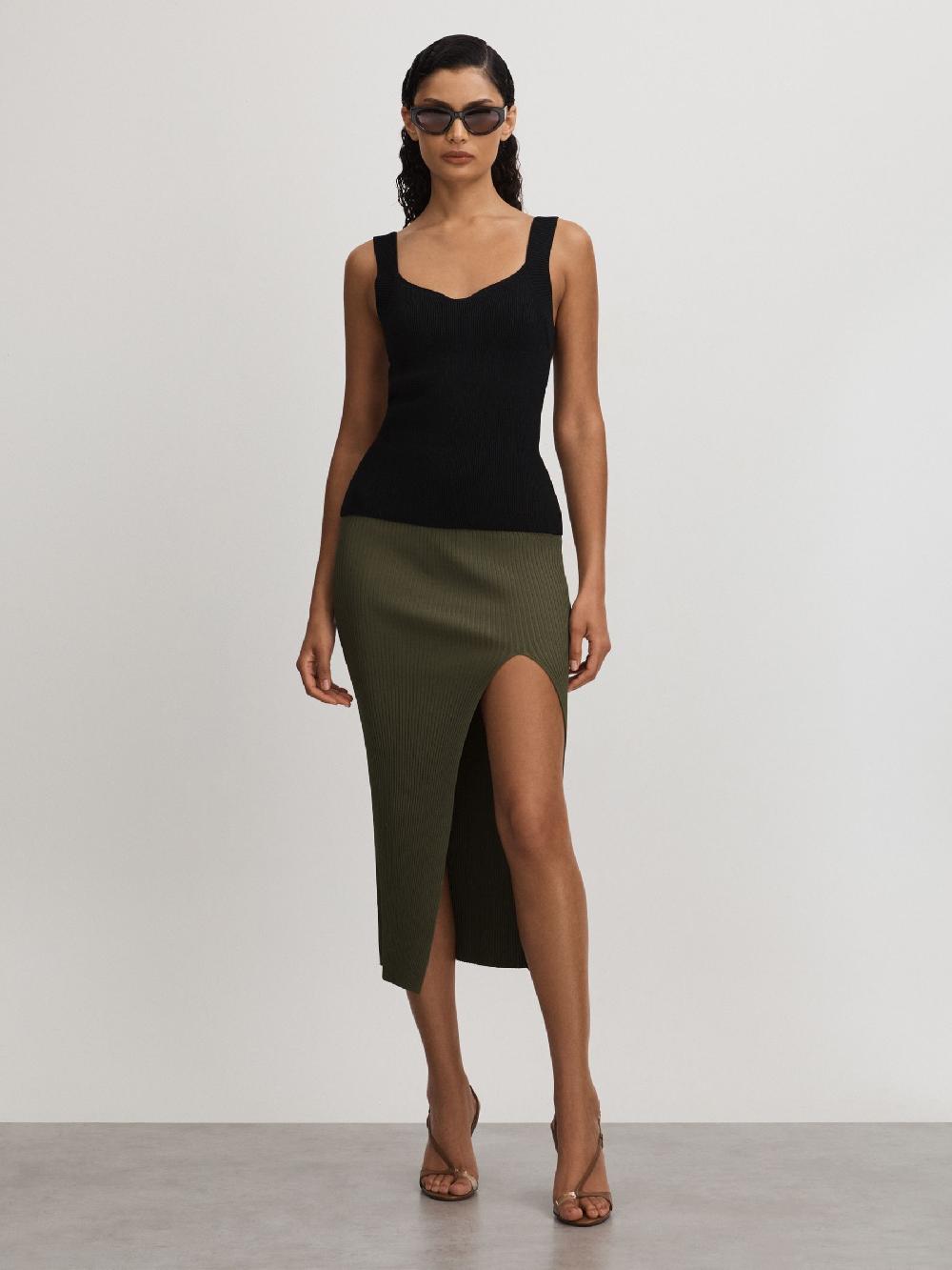 Reiss Good American Ribbed Midi Skirt In Army Green
