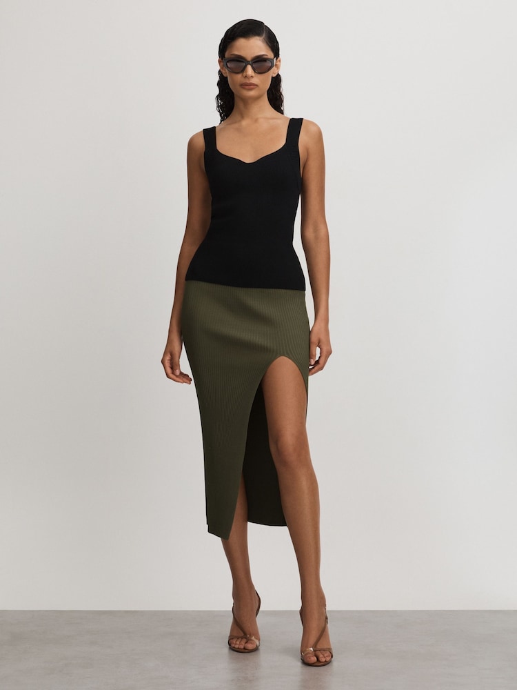 reiss Good American Ribbed Midi Skirt in Army Green