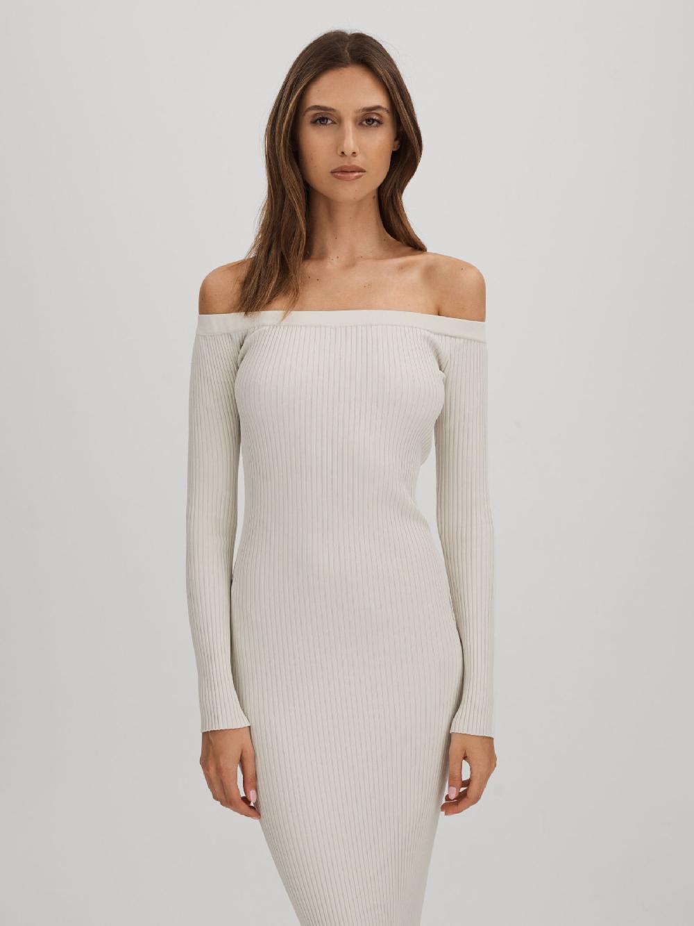 Reiss Good American Ribbed Off The Shoulder Maxi Dress In Cloud White