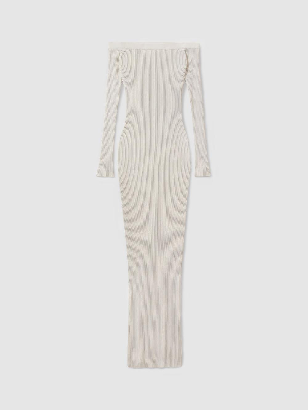 Reiss Good American Ribbed Off The Shoulder Maxi Dress In Cloud White