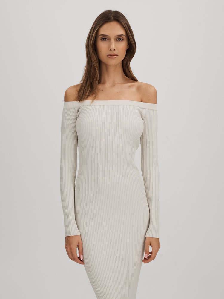 reiss Good American Ribbed Off The Shoulder Maxi Dress in Cloud White