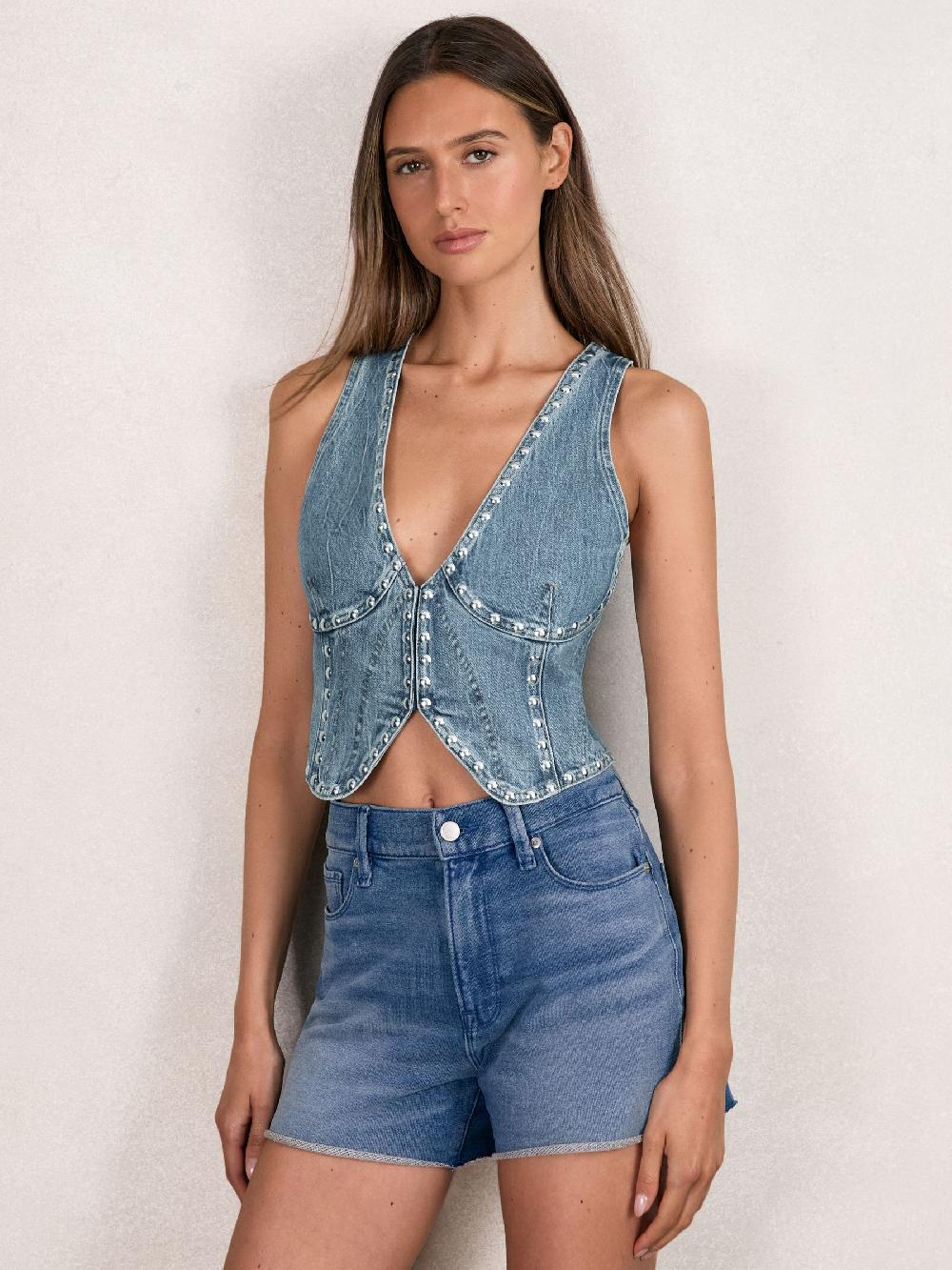 Reiss Good American Studded Denim Vest In Indigo Blue