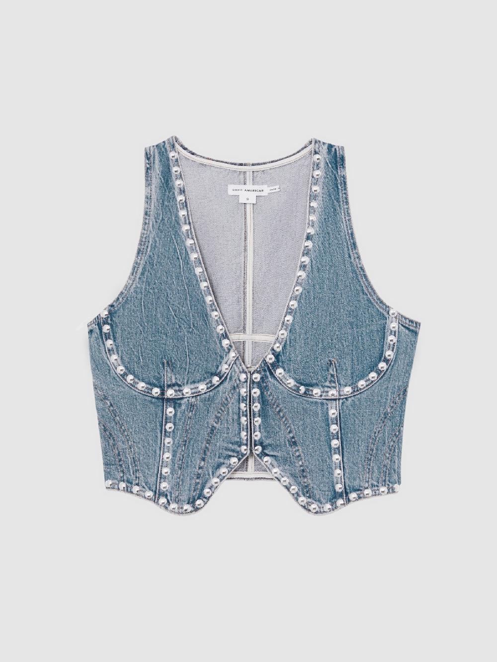Reiss Good American Studded Denim Vest In Indigo Blue