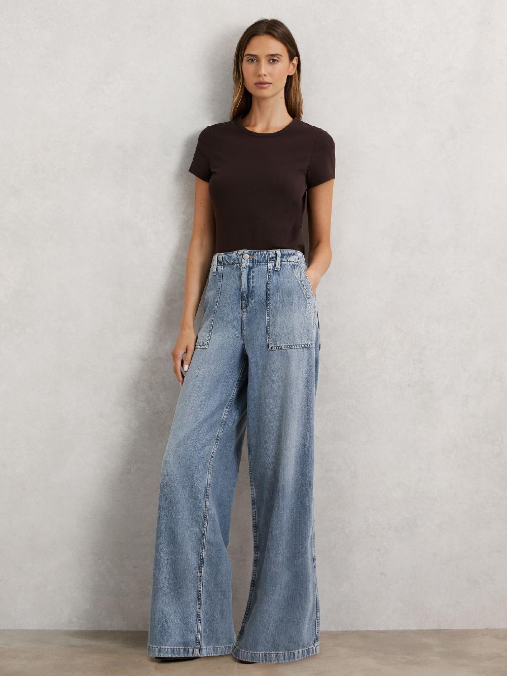 Reiss Good American Wide-Leg Denim Trousers With Linen In Indigo Blue