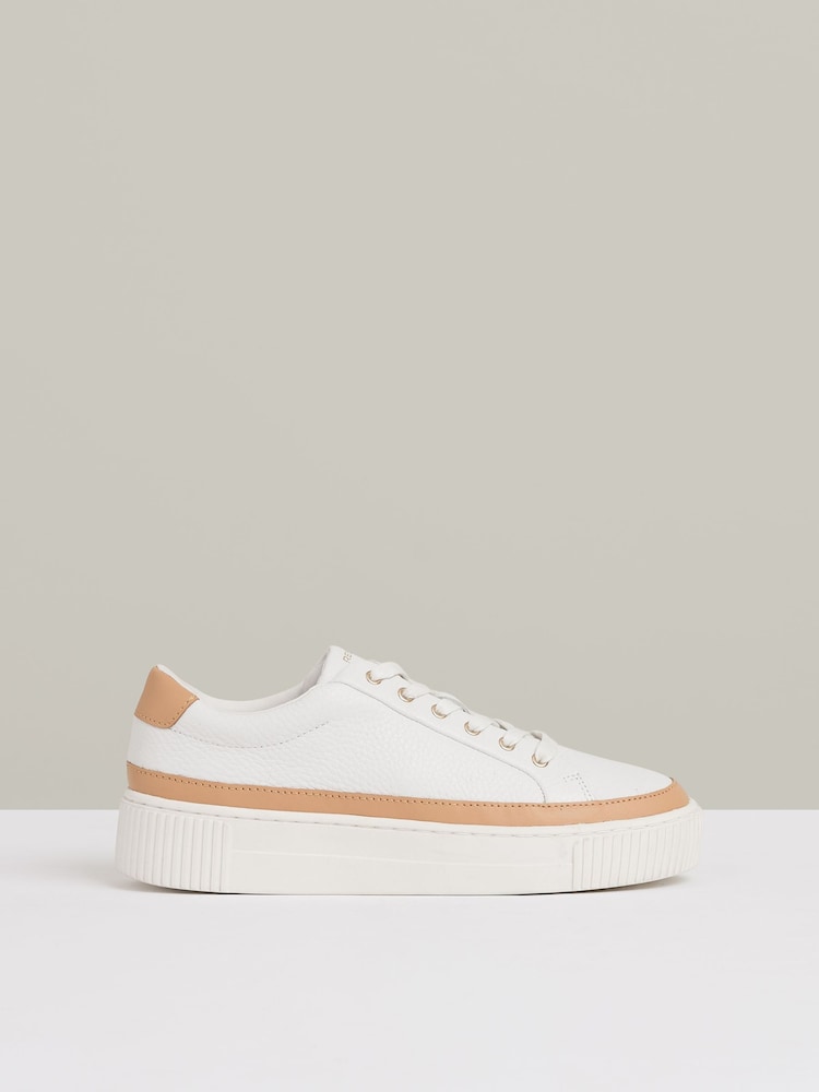 reiss Grained Leather Platform Trainers in Camel/White
