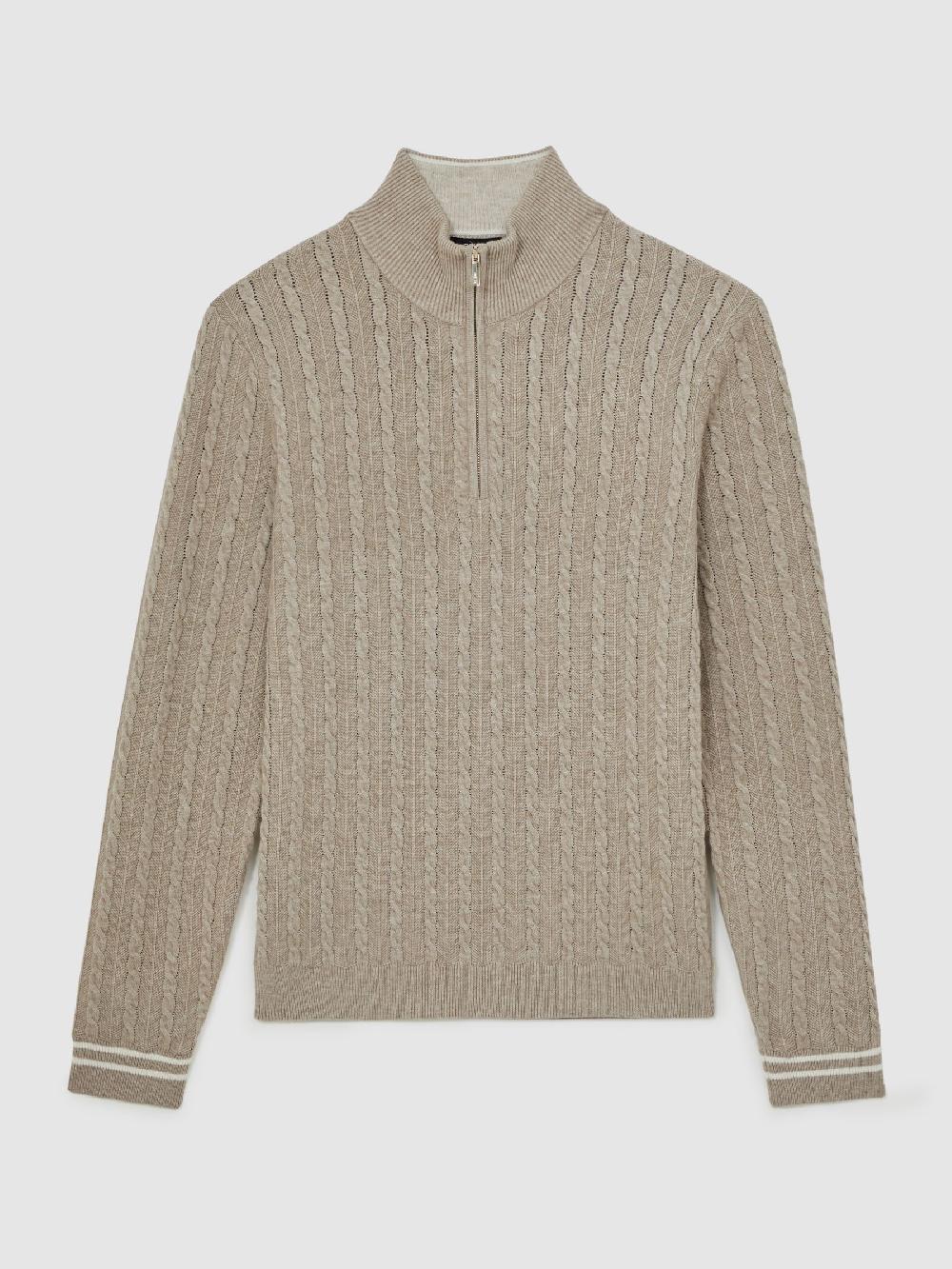 Reiss Half-Zip Cable Knit Jumper With Wool In Oatmeal Brown