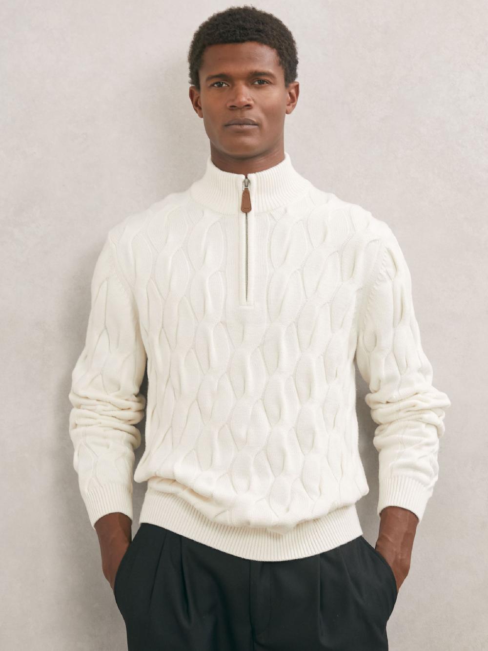 Reiss Half-Zip Cable-Knit Jumper With Wool In Winter White