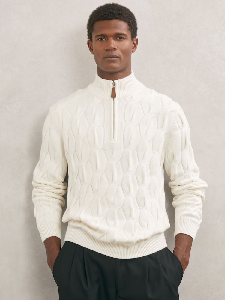 reiss Half-Zip Cable-Knit Jumper with Wool in Winter White