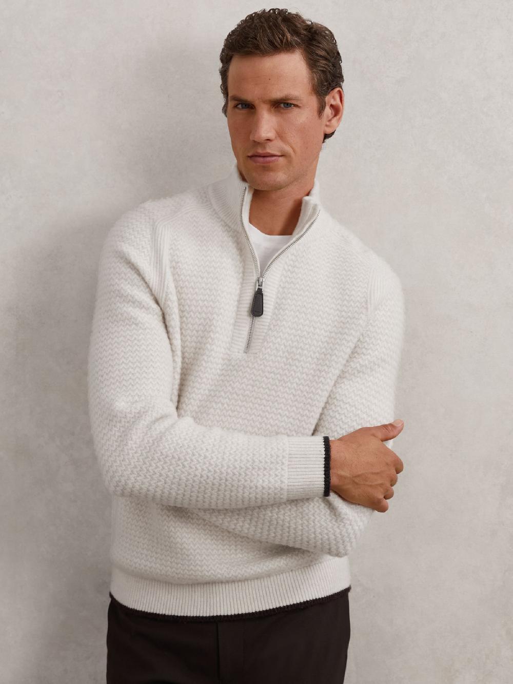 Reiss Half-Zip Chevron-Knit Jumper With Wool In Winter White