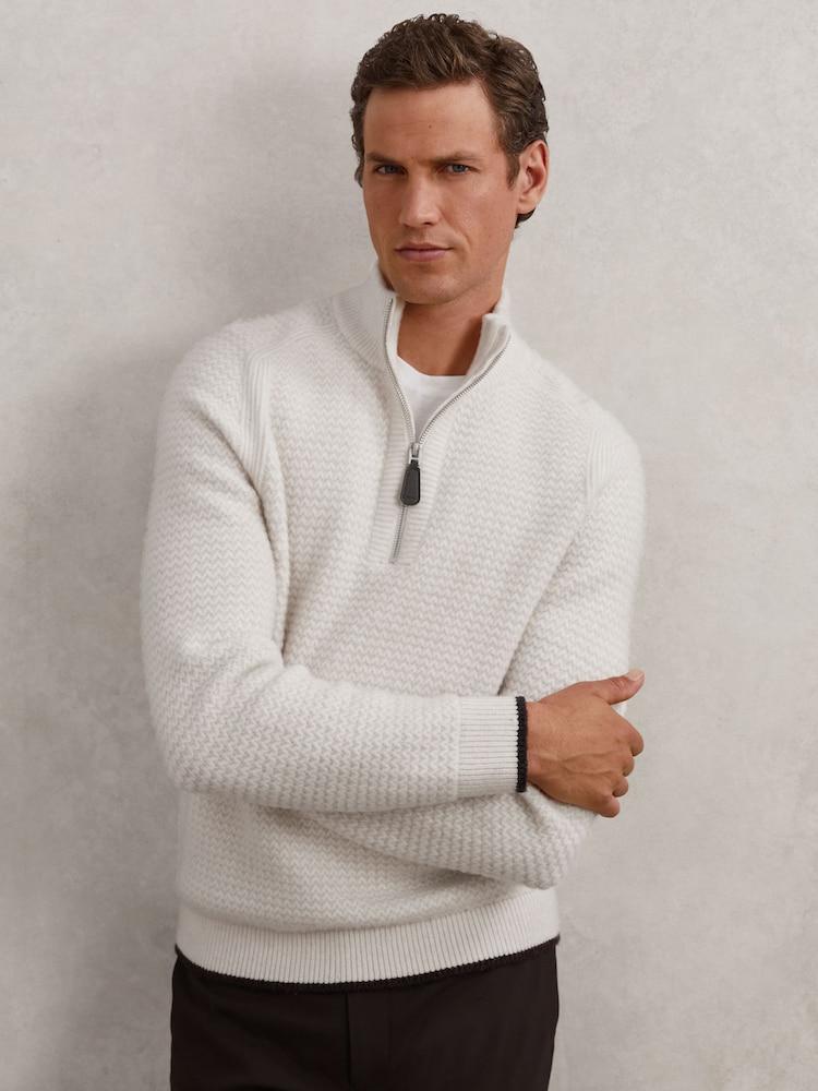 reiss Half-Zip Chevron-Knit Jumper with Wool in Winter White