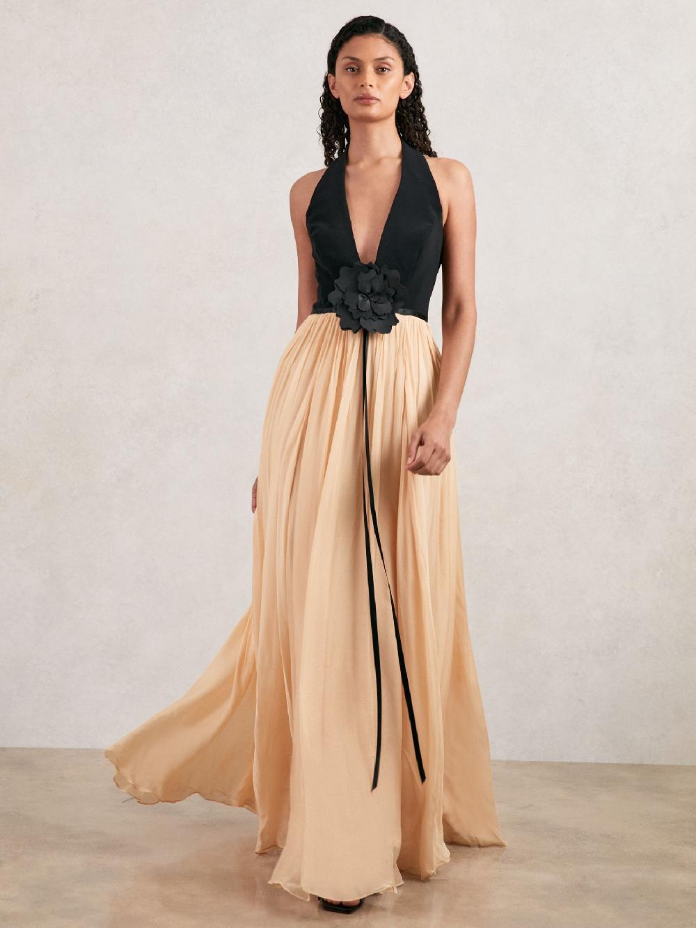 Reiss Halston Crepe And Chiffon Maxi Dress In Black/Ivory