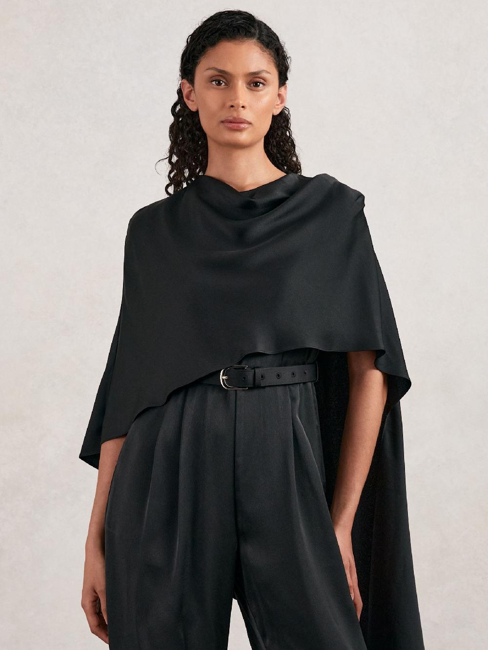 Reiss Halston Crepe Wide Leg Cape Jumpsuit In Black