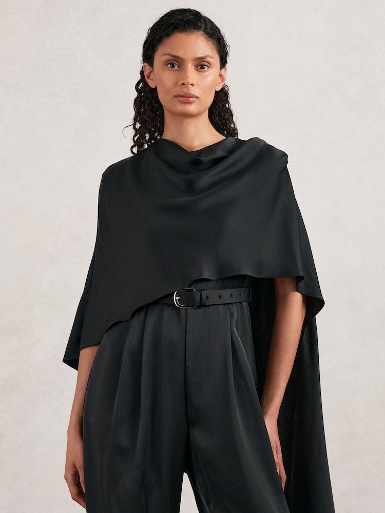 reiss Halston Crepe Wide Leg Cape Jumpsuit in Black