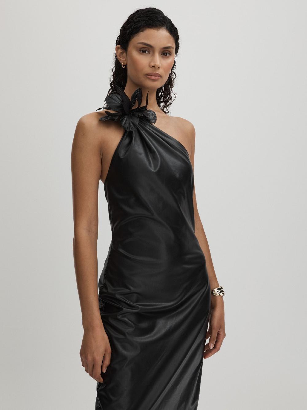 Reiss Halston Faux Leather One-Shoulder Maxi Dress In Black