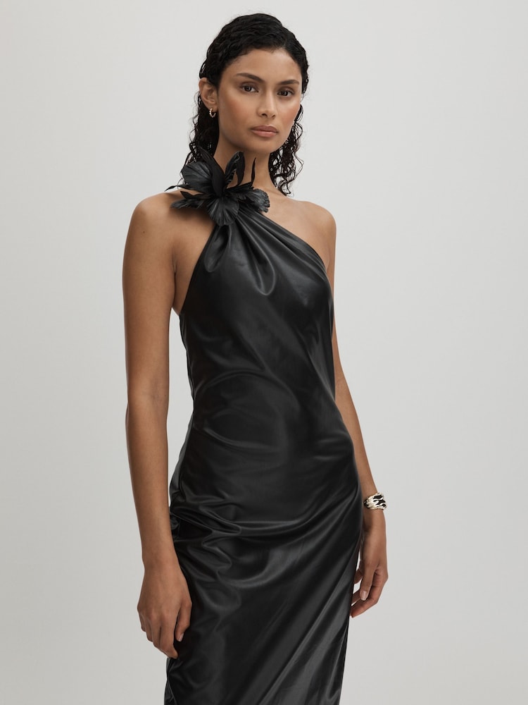 reiss Halston Faux Leather One-Shoulder Maxi Dress in Black