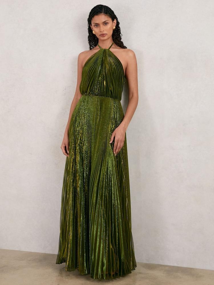 reiss Halston Metallic Pleated Maxi Dress in Dark Olive Green