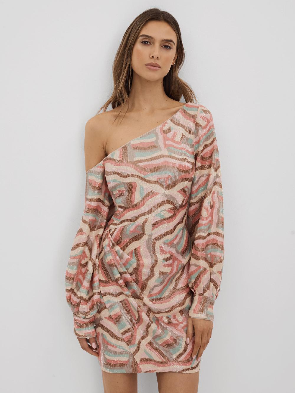 Reiss Halston Off-The-Shoulder Sequin Mini Dress In White Print