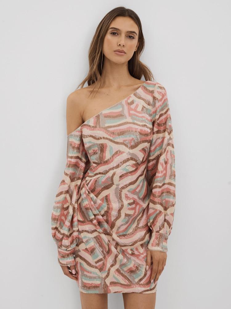 reiss Halston Off-The-Shoulder Sequin Mini Dress in White Print