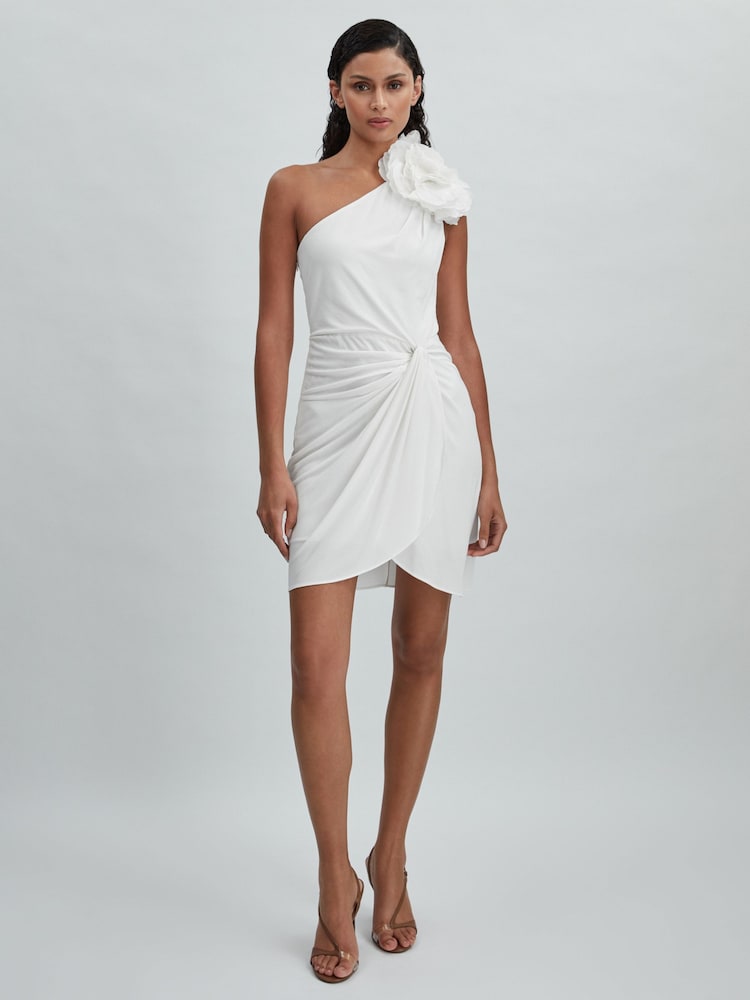 reiss Halston One-Shoulder Ruffle Mini Dress in White