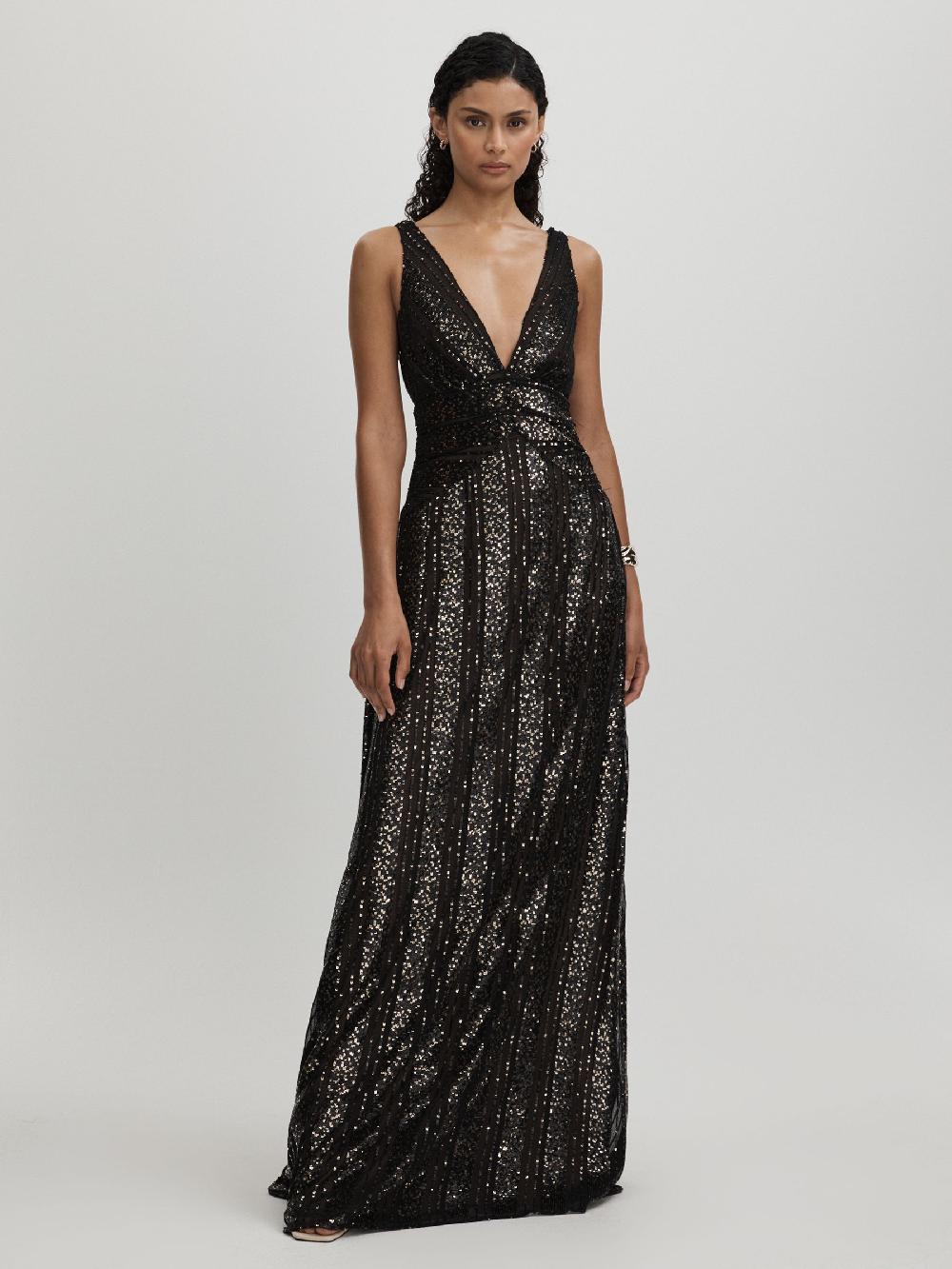 Reiss Halston Plunge Neck Sequin Maxi Dress In Black
