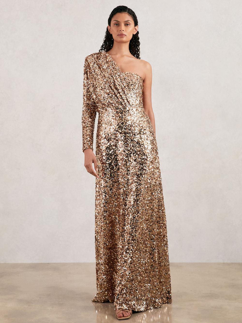 Reiss Halston Sequin One Shoulder Maxi Dress In Gold