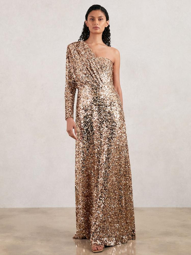 reiss Halston Sequin One Shoulder Maxi Dress in Gold