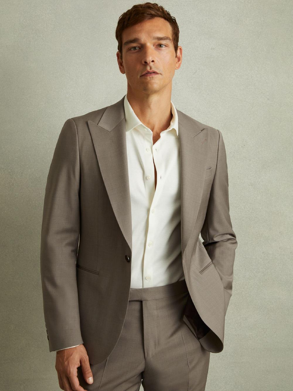 Reiss Harley Mushroom Brown Textured Wool Blend Single Breasted Blazer