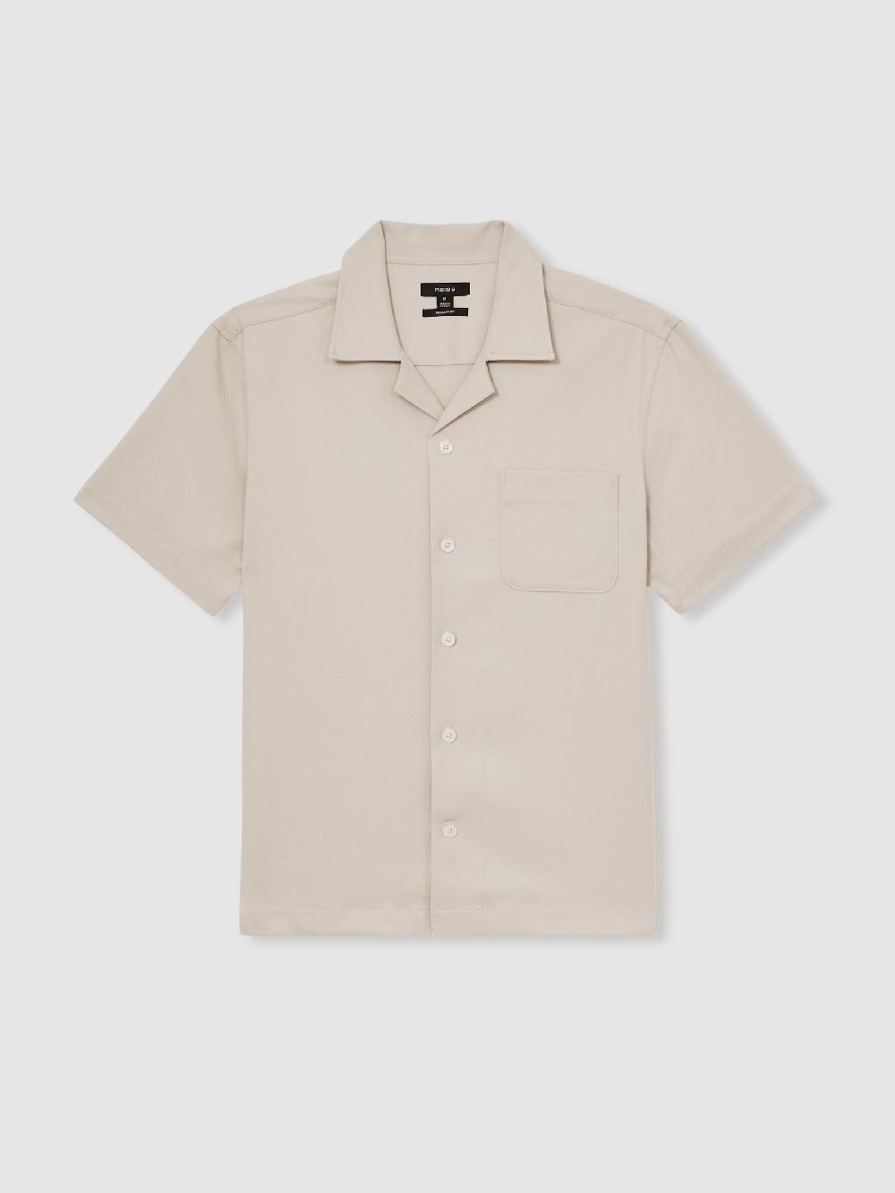 Reiss Herringbone Twill Cuban Collar Short Sleeve Shirt In Stone