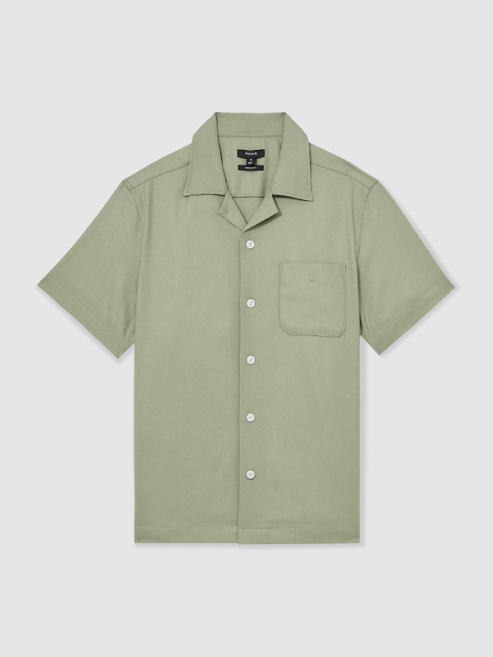 Reiss Herringbone Twill Cuban Collar Short Sleeve Shirt In Sage Green