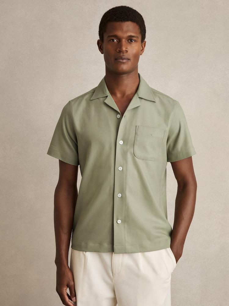 reiss Herringbone Twill Cuban Collar Short Sleeve Shirt in Sage Green