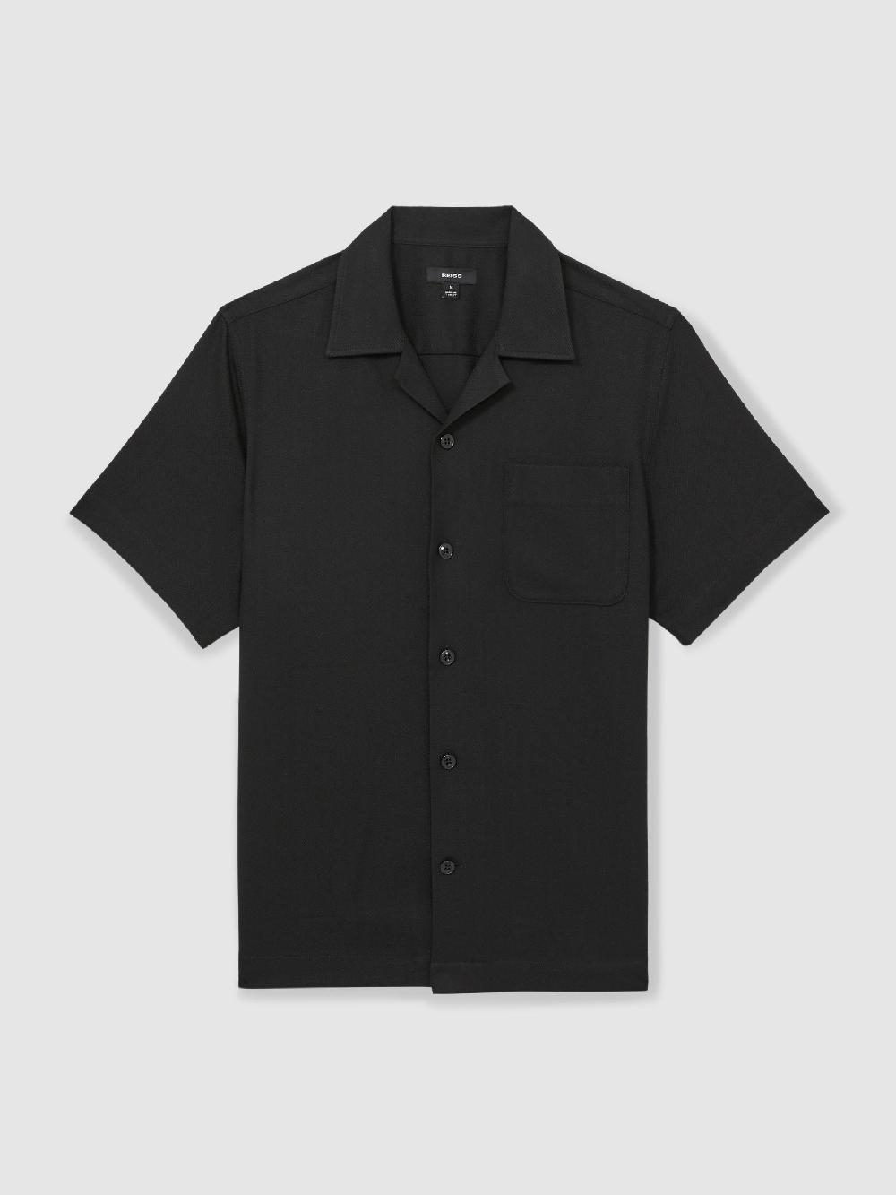 Reiss Herringbone Twill Cuban Collar Short Sleeve Shirt In Black