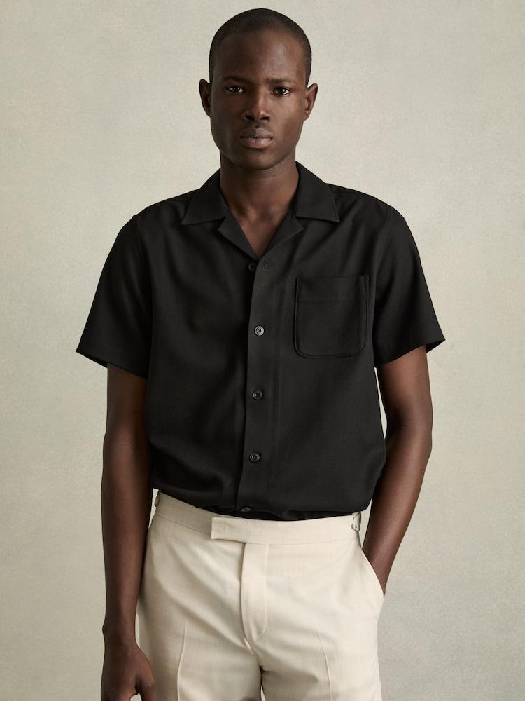 reiss Herringbone Twill Cuban Collar Short Sleeve Shirt in Black
