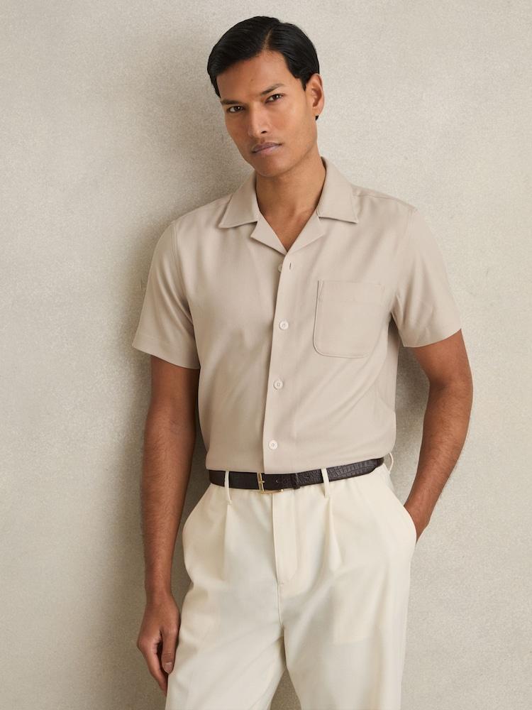 reiss Herringbone Twill Cuban Collar Short Sleeve Shirt in Stone