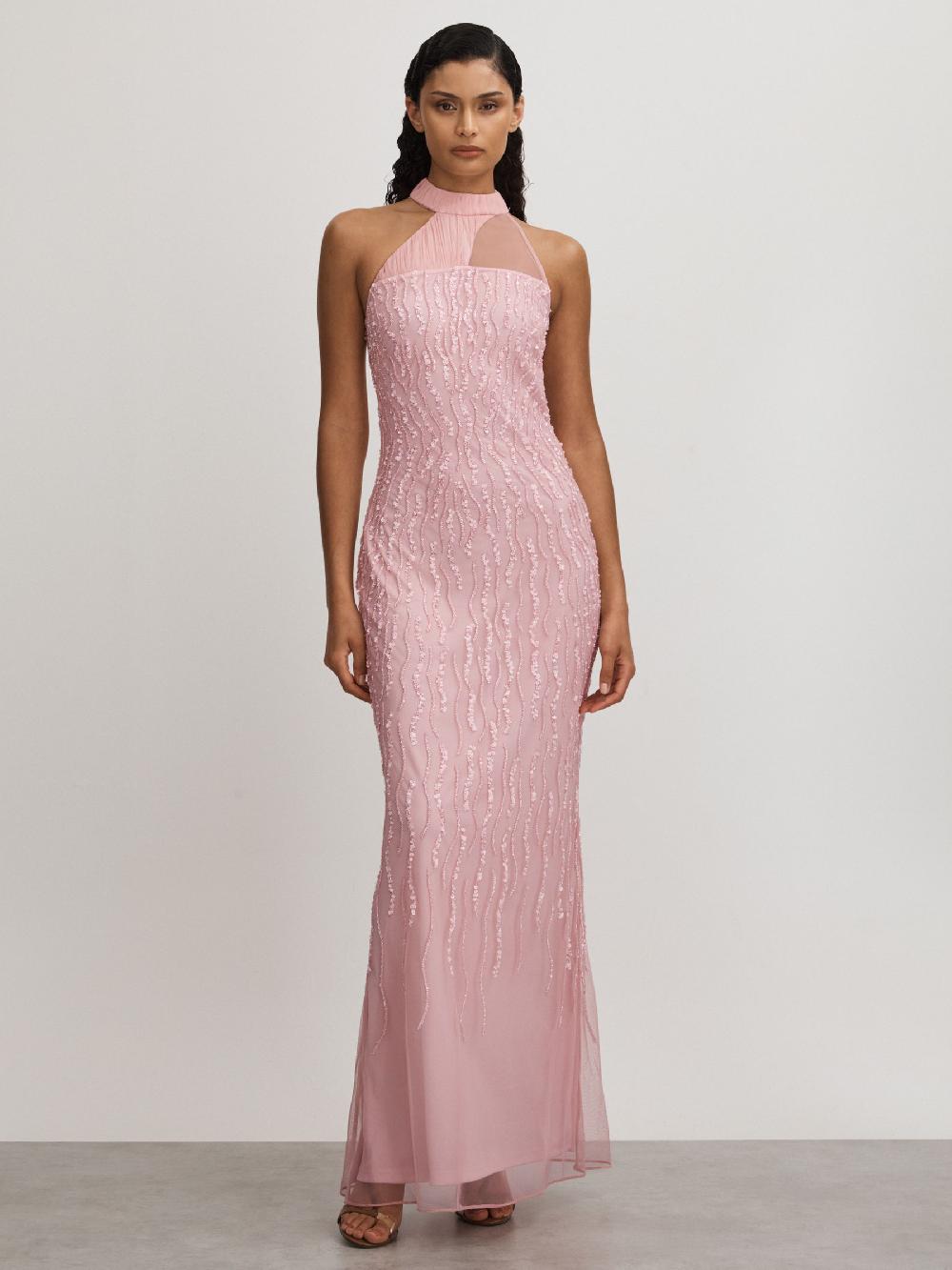 Reiss Holly Pink Raishma Pink Embellished Halter Neck Maxi Dress