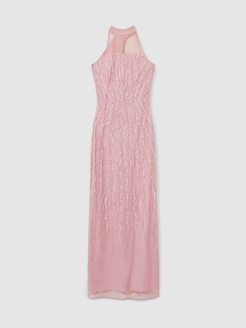Reiss Holly Pink Raishma Pink Embellished Halter Neck Maxi Dress