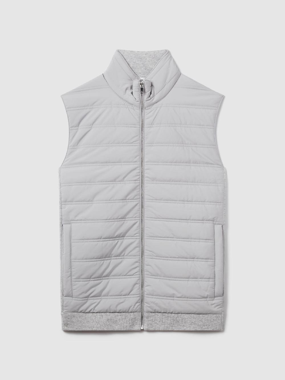 Reiss Hybrid Quilt And Knit Zip-Through Gilet In Soft Grey