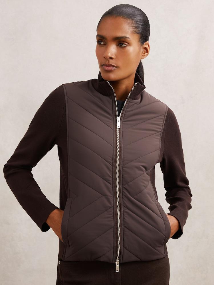 reiss Hybrid Quilted Zip-Through Knit Jacket in Chocolate Brown