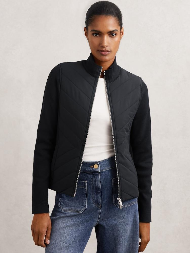 reiss Hybrid Quilted Zip-Through Knit Jacket in Navy