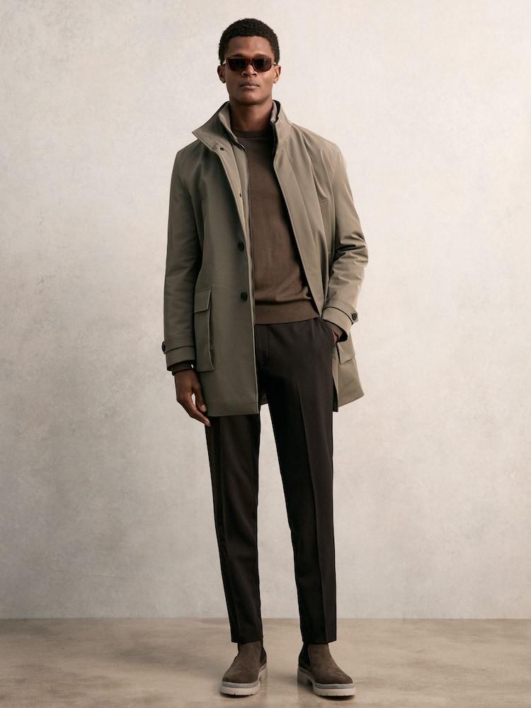 reiss Hybrid Removable-Gilet Overcoat in Mushroom Brown