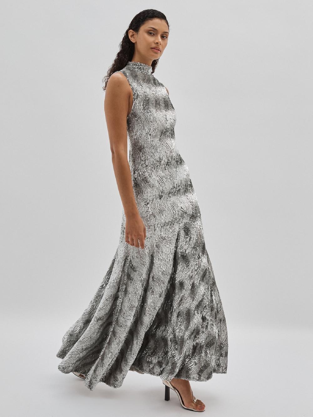 Reiss ILTA Keyhole-Back Sequinned Maxi Dress In Silver