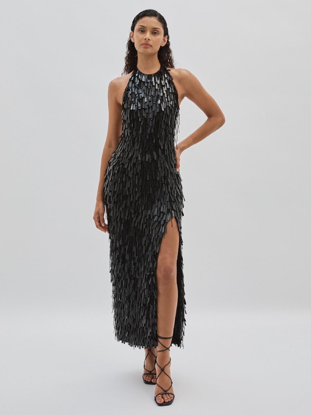 Reiss ILTA Sequinned And Beaded Halter-Neck Dress In Black