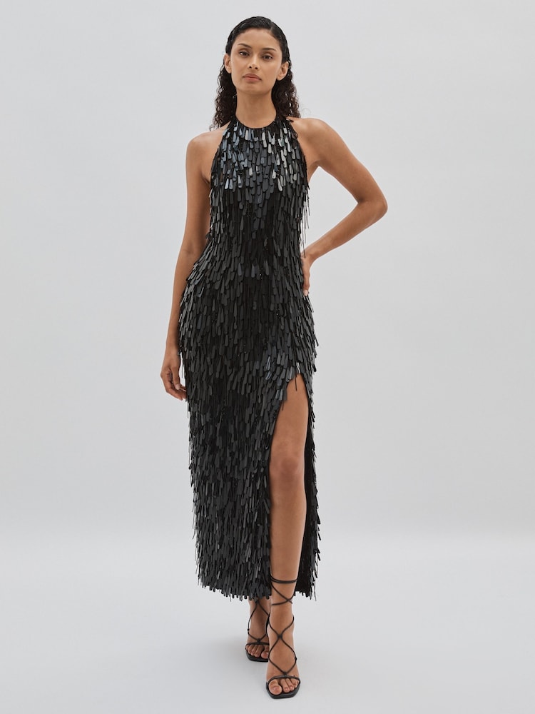 reiss ILTA Sequinned and Beaded Halter-Neck Dress in Black