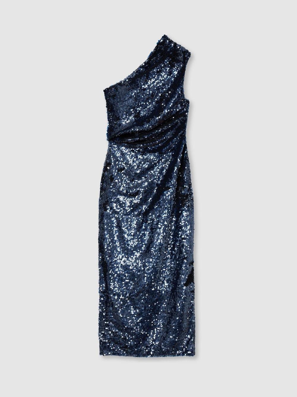 Reiss ILTA Sequinned One-Shoulder Maxi Dress In Midnight Navy